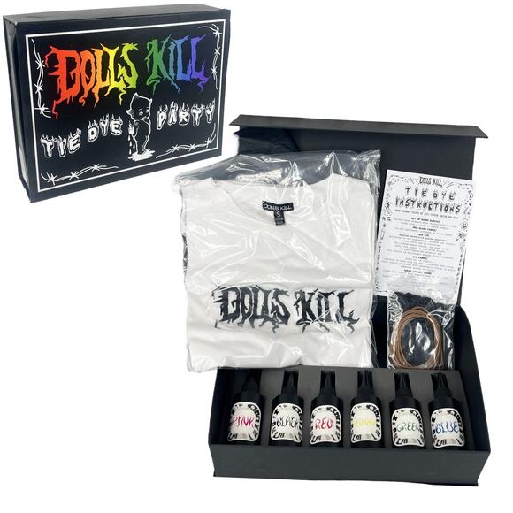 NEW Dolls Kill TIE DYE PARTY BOX + DK TEE Shirt Embroidered Logo White Small - Picture 1 of 8
